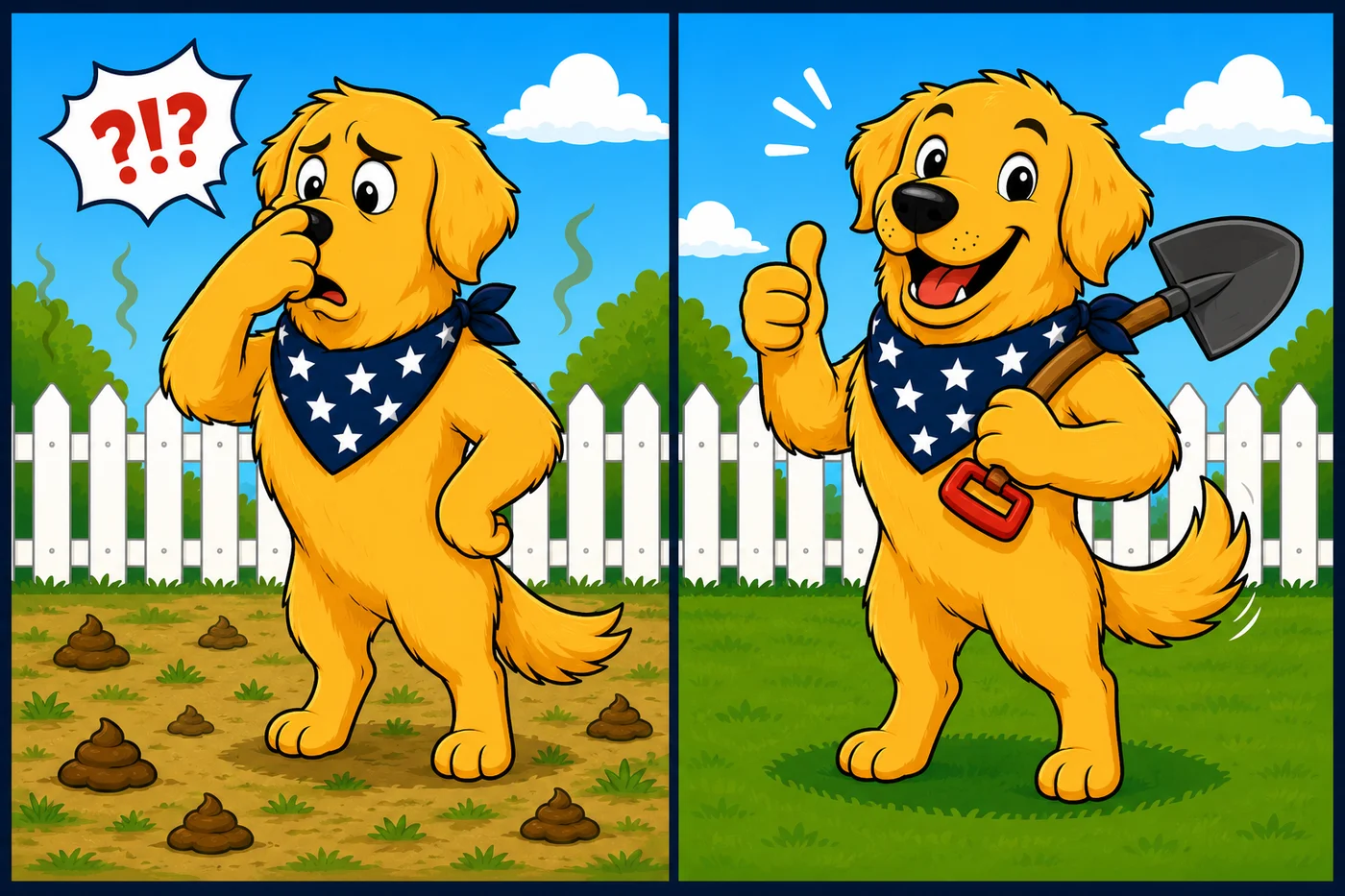 Freedom Scoopers golden retriever mascot before and after yard cleanup comic