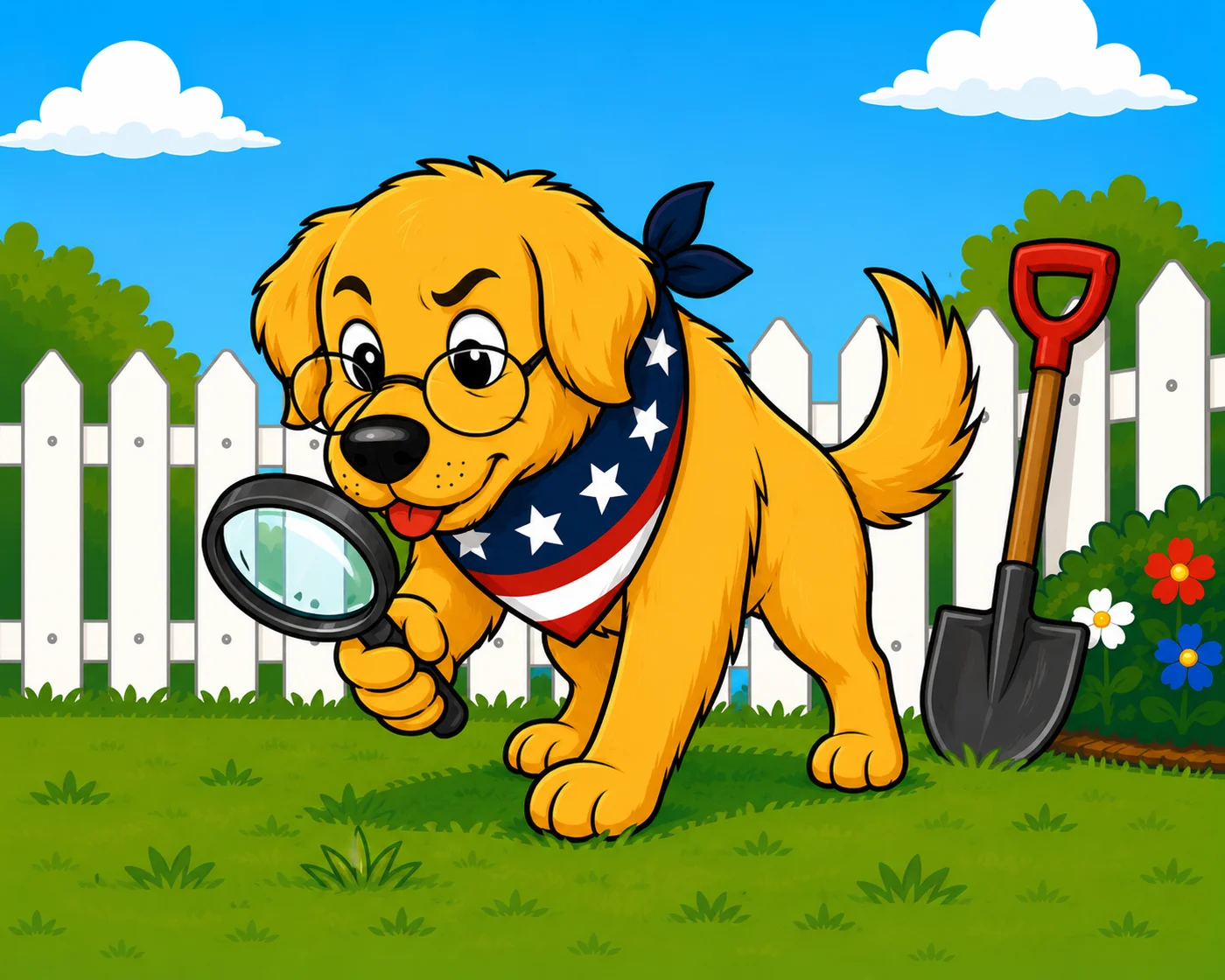 A golden retriever wearing glasses and a patriotic bandana inspects the grass with a magnifying glass, with a shovel nearby