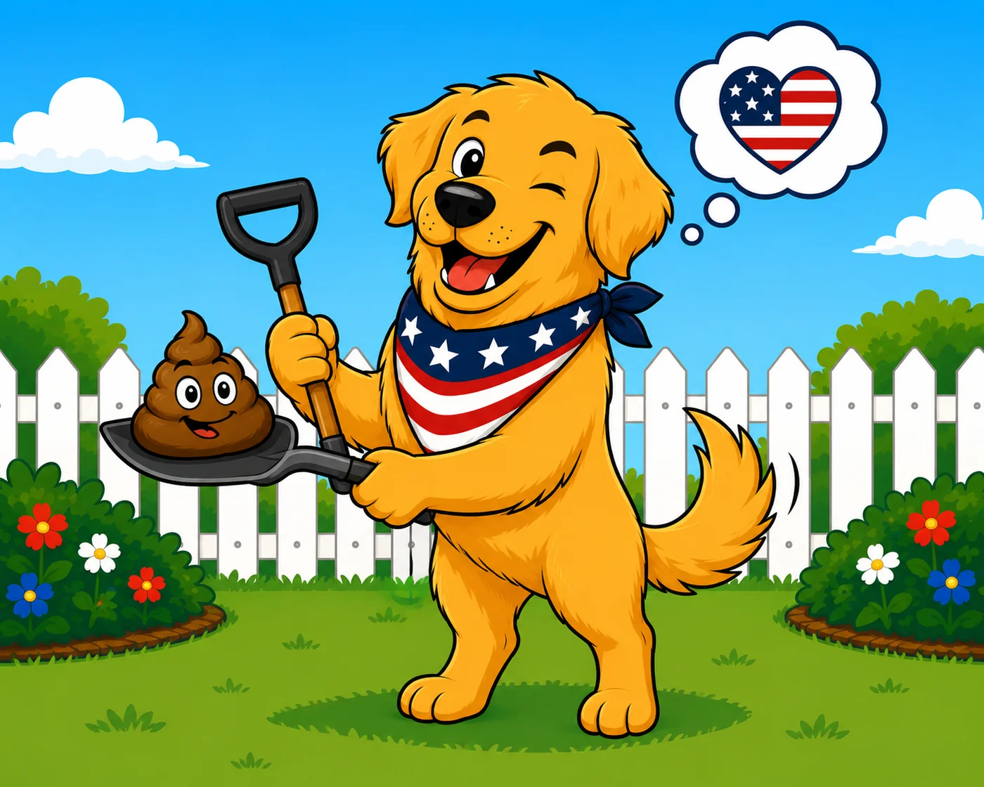 Freedom Scoopers golden retriever mascot holding a shovel with a heart