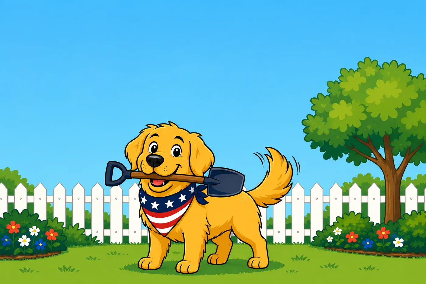 Golden retriever happily carrying a shovel by its handle in its mouth, tail wagging in a backyard