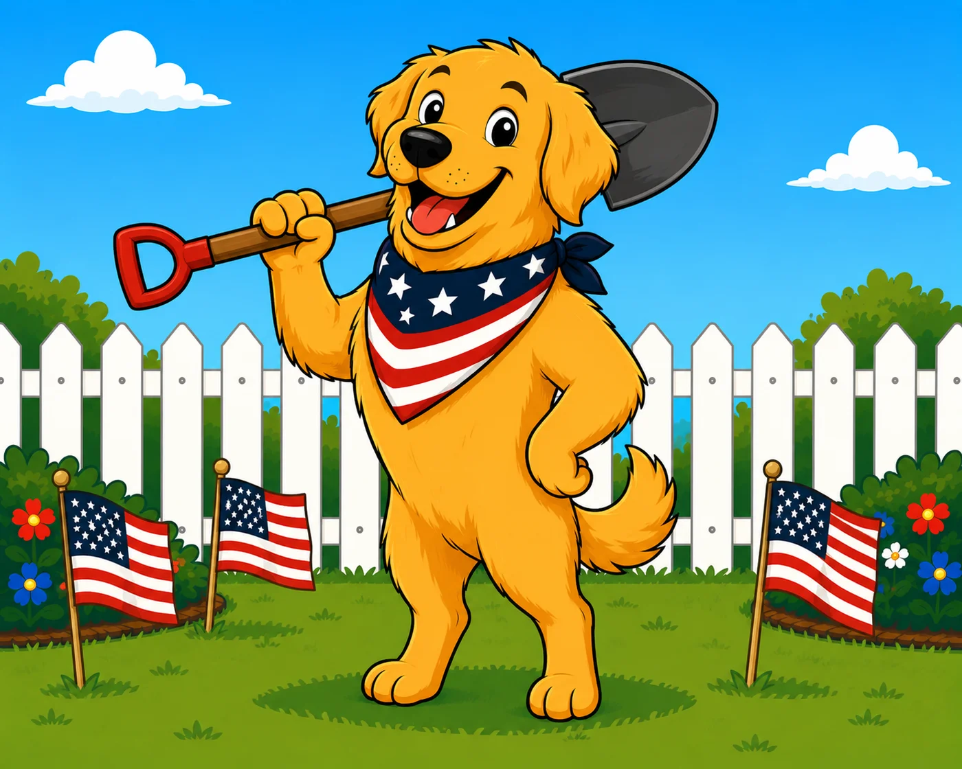 Golden retriever proudly carrying a shovel over its shoulder, standing among American flags in a backyard