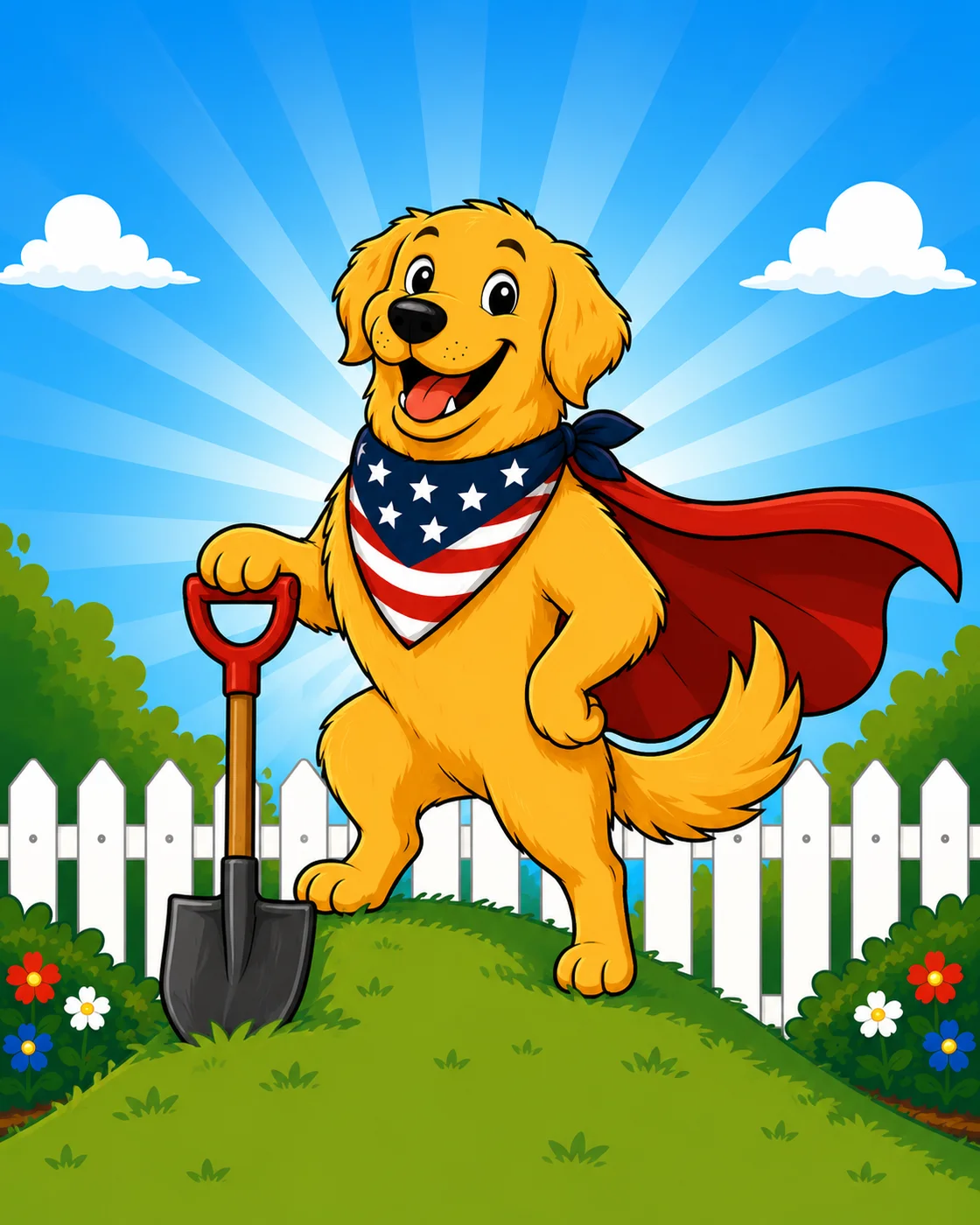 Freedom Scoopers golden retriever mascot dressed as a superhero