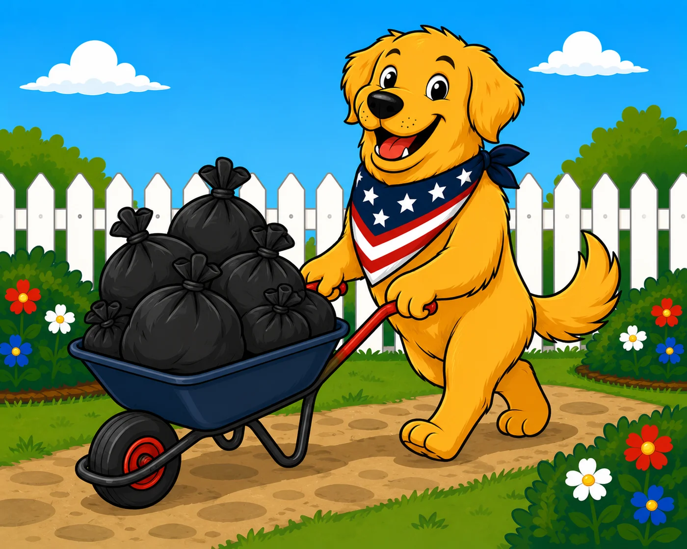 Golden retriever happily pushing a wheelbarrow full of bagged pet waste down a garden path