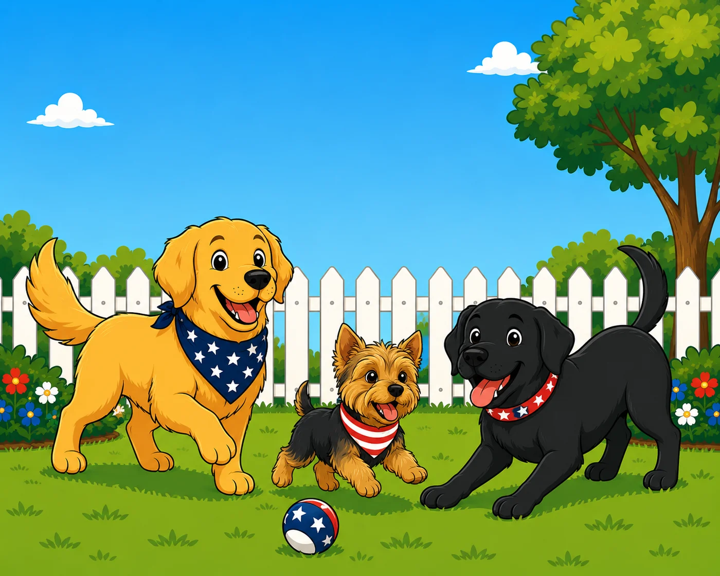 Three dogs playing happily together in a backyard with patriotic bandanas and a star-spangled ball