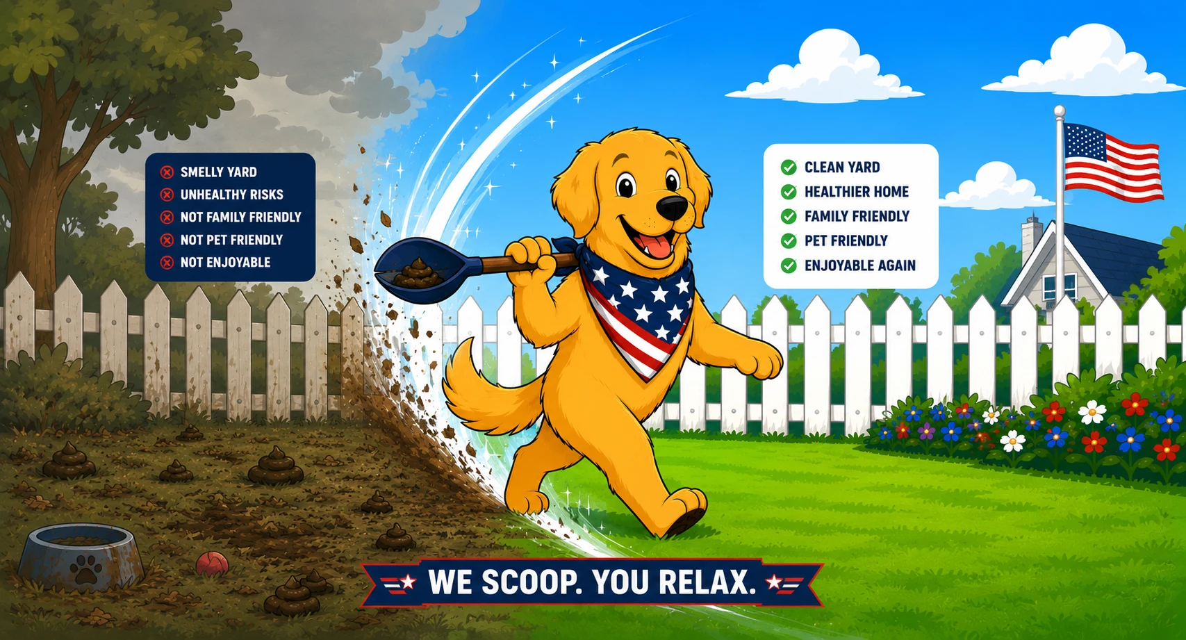 Before and after comparison: a messy yard full of pet waste on the left transforms into a clean, vibrant yard on the right as a golden retriever mascot in a patriotic bandana sweeps through with a shovel. Text reads 'We Scoop. You Relax.'