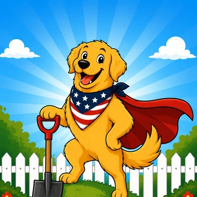 Freedom Scoopers golden retriever mascot in a navy uniform with an American flag patch, holding a shovel and trash bag